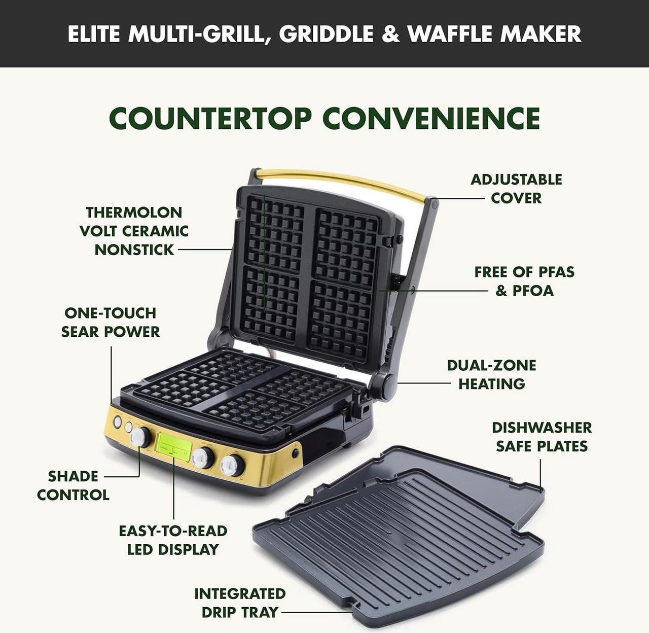 Alt view image 5 of 7 - GreenPan Elite 7-in-1 Multi-Function Contact Grill & Griddle, Healthy Ceramic Nonstick Aluminum, Grill & Waffle Plates, Adjustable Shade & Shear, Closed Press/Open Flat Surface, PFAS-Free, Gold