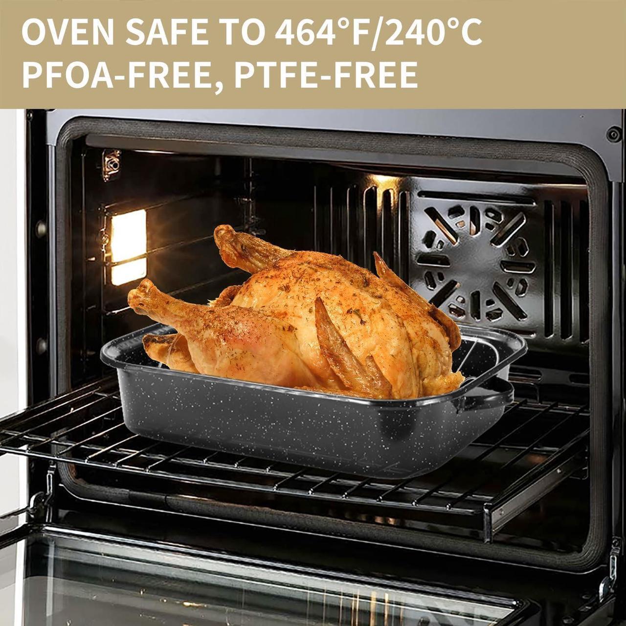 Alt view image 3 of 7 - 21Inch Roasting Pan, Extra Large Rectangle Roasting Pan With Rack, 25lb Capacity, Large Roaster pan for Baking Turkey, V-Rack and Versatile Lid Bone Turkey Baster by DIMESHY