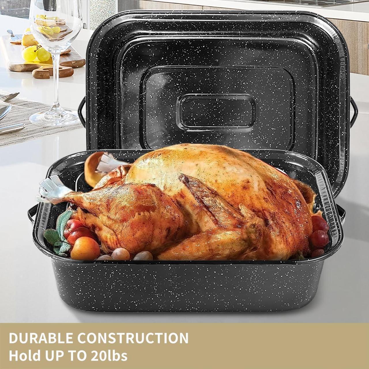 Alt view image 4 of 7 - 21Inch Roasting Pan, Extra Large Rectangle Roasting Pan With Rack, 25lb Capacity, Large Roaster pan for Baking Turkey, V-Rack and Versatile Lid Bone Turkey Baster by DIMESHY