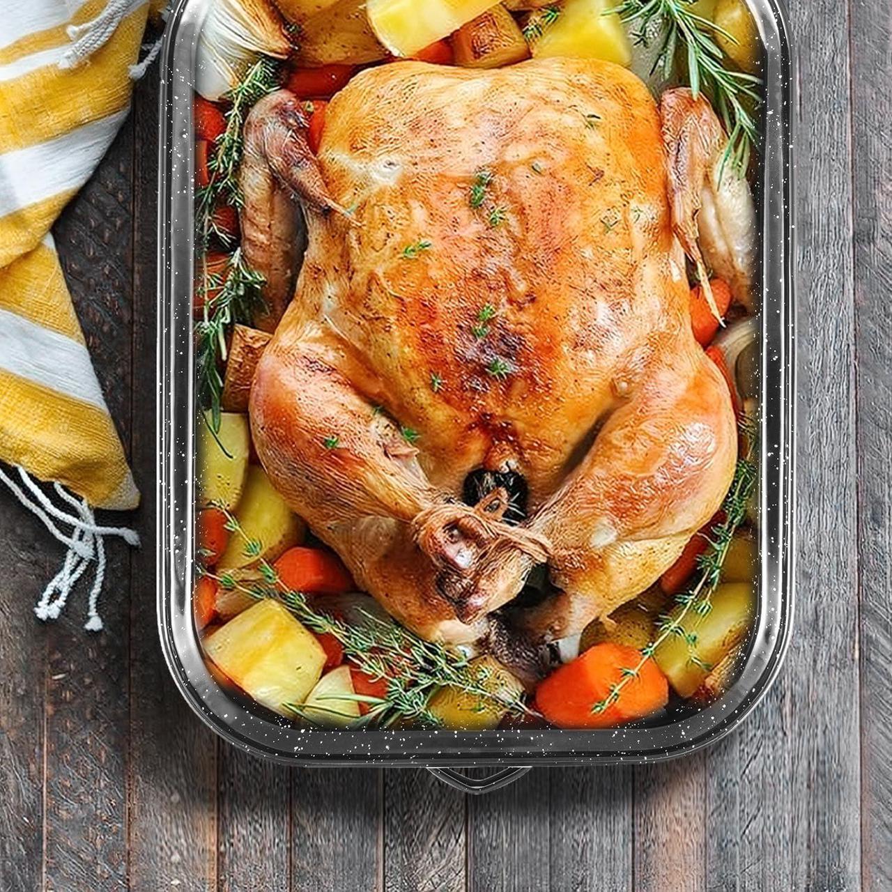 Alt view image 6 of 7 - 21Inch Roasting Pan, Extra Large Rectangle Roasting Pan With Rack, 25lb Capacity, Large Roaster pan for Baking Turkey, V-Rack and Versatile Lid Bone Turkey Baster by DIMESHY