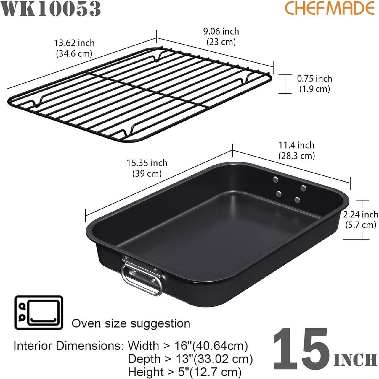 Alt view image 2 of 7 - CHEFMADE Roasting Pan, 15-Inch Non-Stick Metal Roasting Pan with Rack, Banking Pan for Lasagna Vegetable and Meat, Chicken Roasting Pan 15.35" x 11.4" x 2.24"