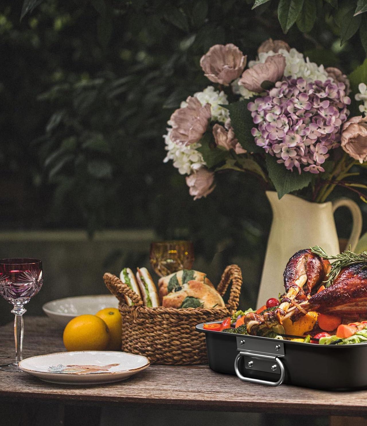 Alt view image 3 of 7 - CHEFMADE Roasting Pan, 15-Inch Non-Stick Metal Roasting Pan with Rack, Banking Pan for Lasagna Vegetable and Meat, Chicken Roasting Pan 15.35" x 11.4" x 2.24"
