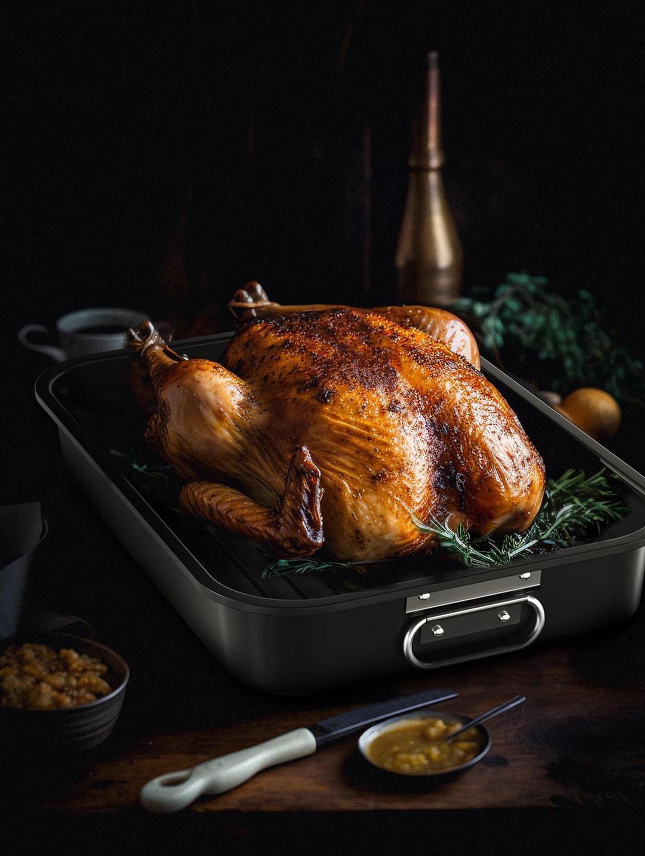 Alt view image 4 of 7 - CHEFMADE Roasting Pan, 15-Inch Non-Stick Metal Roasting Pan with Rack, Banking Pan for Lasagna Vegetable and Meat, Chicken Roasting Pan 15.35" x 11.4" x 2.24"
