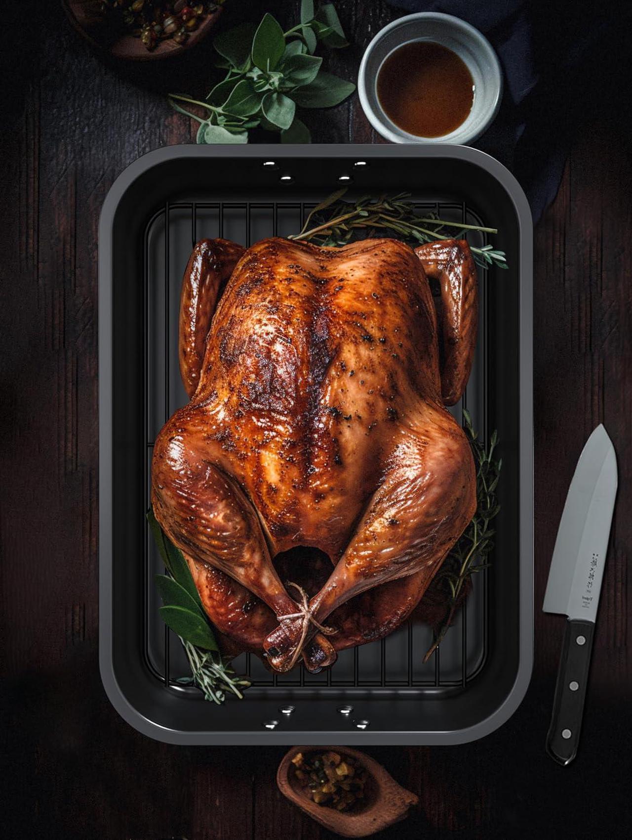 Alt view image 7 of 7 - CHEFMADE Roasting Pan, 15-Inch Non-Stick Metal Roasting Pan with Rack, Banking Pan for Lasagna Vegetable and Meat, Chicken Roasting Pan 15.35" x 11.4" x 2.24"