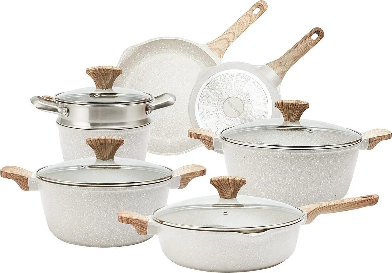 Main image of Country Kitchen Non-Stick Cast Aluminum Cookware Set - Durable Kitchen Cookware for Everyday Cooking, Cream, 11 Pc.