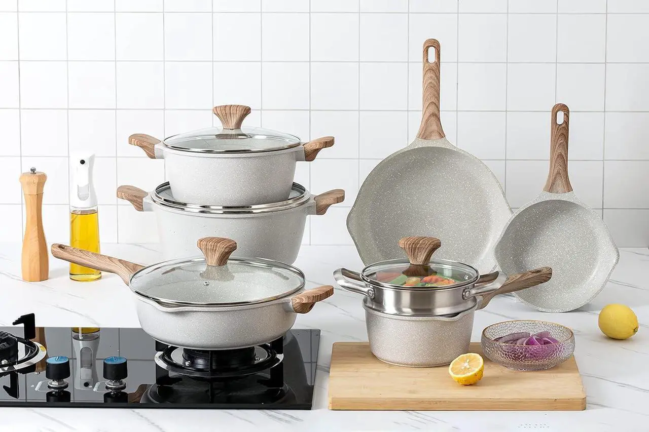 Alt view image 2 of 7 - Country Kitchen Non-Stick Cast Aluminum Cookware Set - Durable Kitchen Cookware for Everyday Cooking, Cream, 11 Pc.