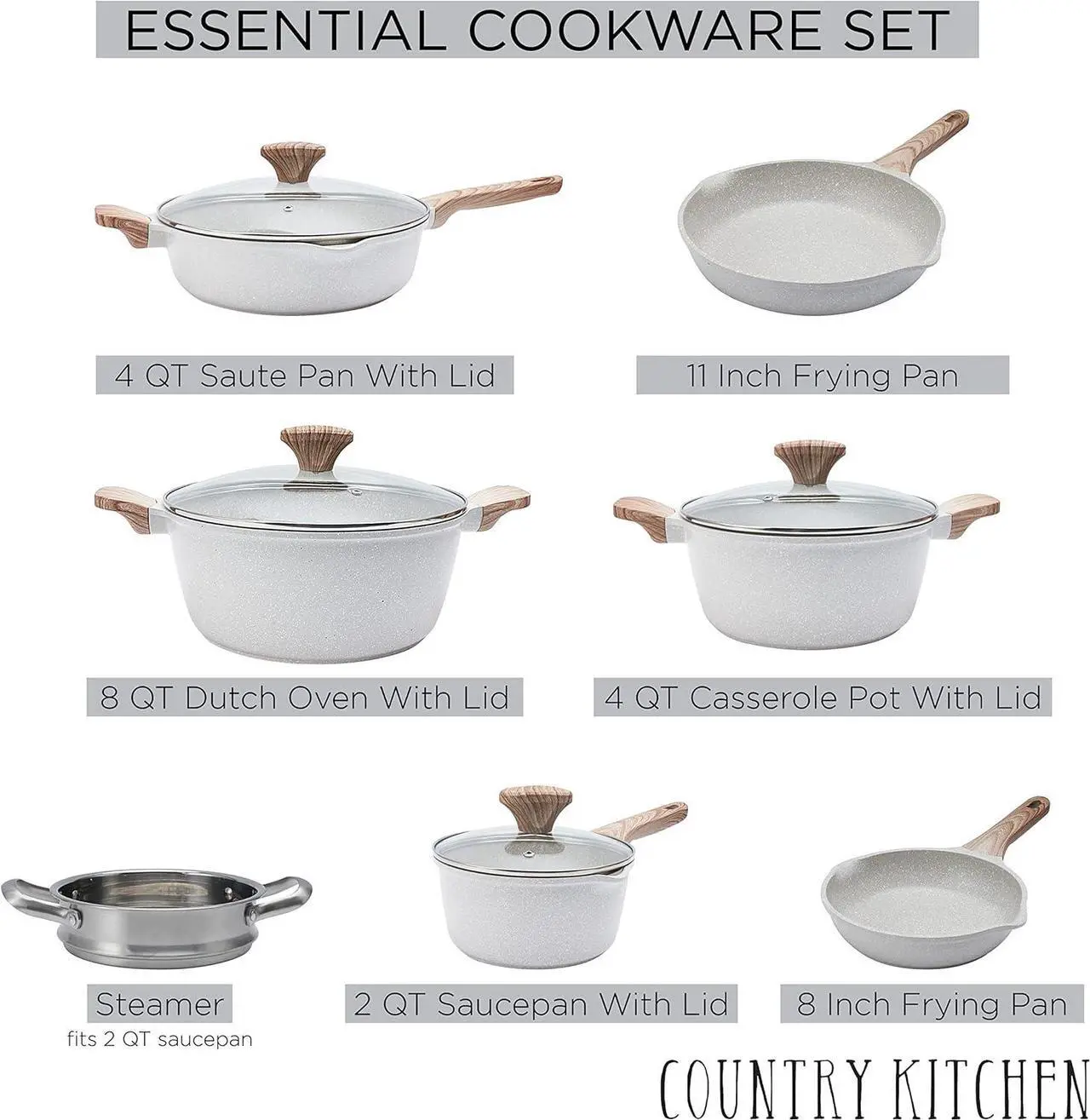 Alt view image 3 of 7 - Country Kitchen Non-Stick Cast Aluminum Cookware Set - Durable Kitchen Cookware for Everyday Cooking, Cream, 11 Pc.