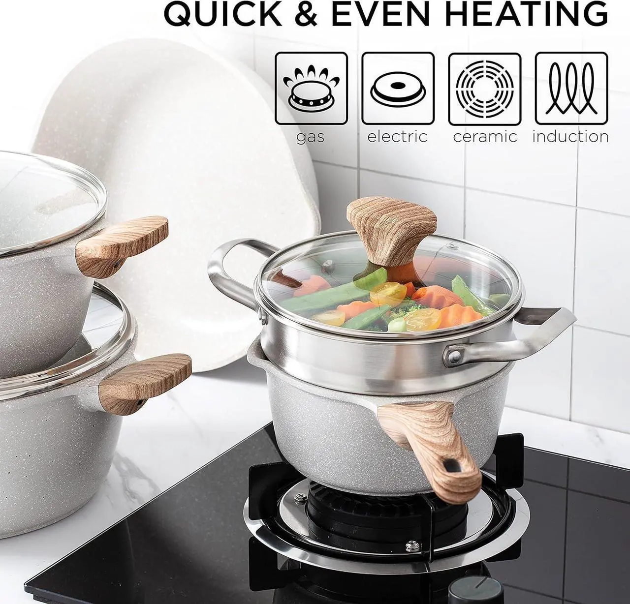 Alt view image 7 of 7 - Country Kitchen Non-Stick Cast Aluminum Cookware Set - Durable Kitchen Cookware for Everyday Cooking, Cream, 11 Pc.