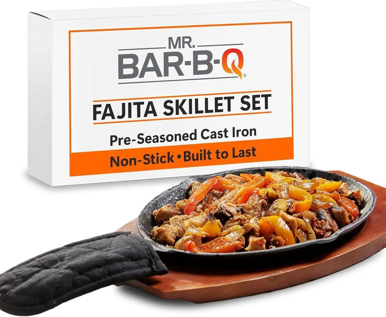 Main image of Mr. Bar-B-Q Cast Iron Fajita Skillets Set, Pre-Seasoned Non-Stick Sizzling Plate, Wooden Base w/Cloth Handle, Sizzler Steak Plate, Cast Iron Skillets for Home, Bar & Restaurants, Catering, Parties