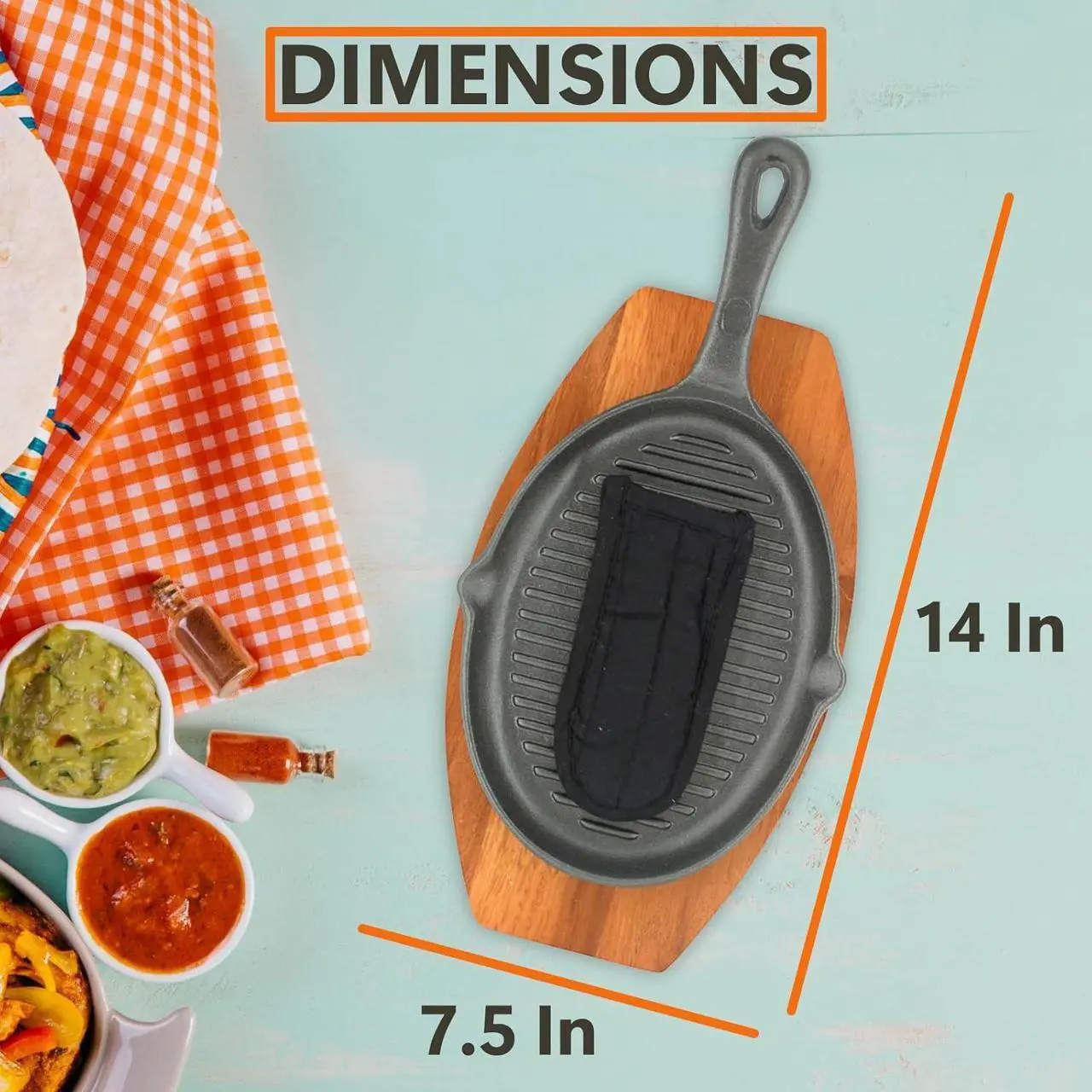 Alt view image 2 of 6 - Mr. Bar-B-Q Cast Iron Fajita Skillets Set, Pre-Seasoned Non-Stick Sizzling Plate, Wooden Base w/Cloth Handle, Sizzler Steak Plate, Cast Iron Skillets for Home, Bar & Restaurants, Catering, Parties