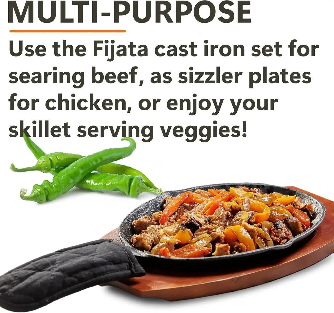 Alt view image 5 of 6 - Mr. Bar-B-Q Cast Iron Fajita Skillets Set, Pre-Seasoned Non-Stick Sizzling Plate, Wooden Base w/Cloth Handle, Sizzler Steak Plate, Cast Iron Skillets for Home, Bar & Restaurants, Catering, Parties