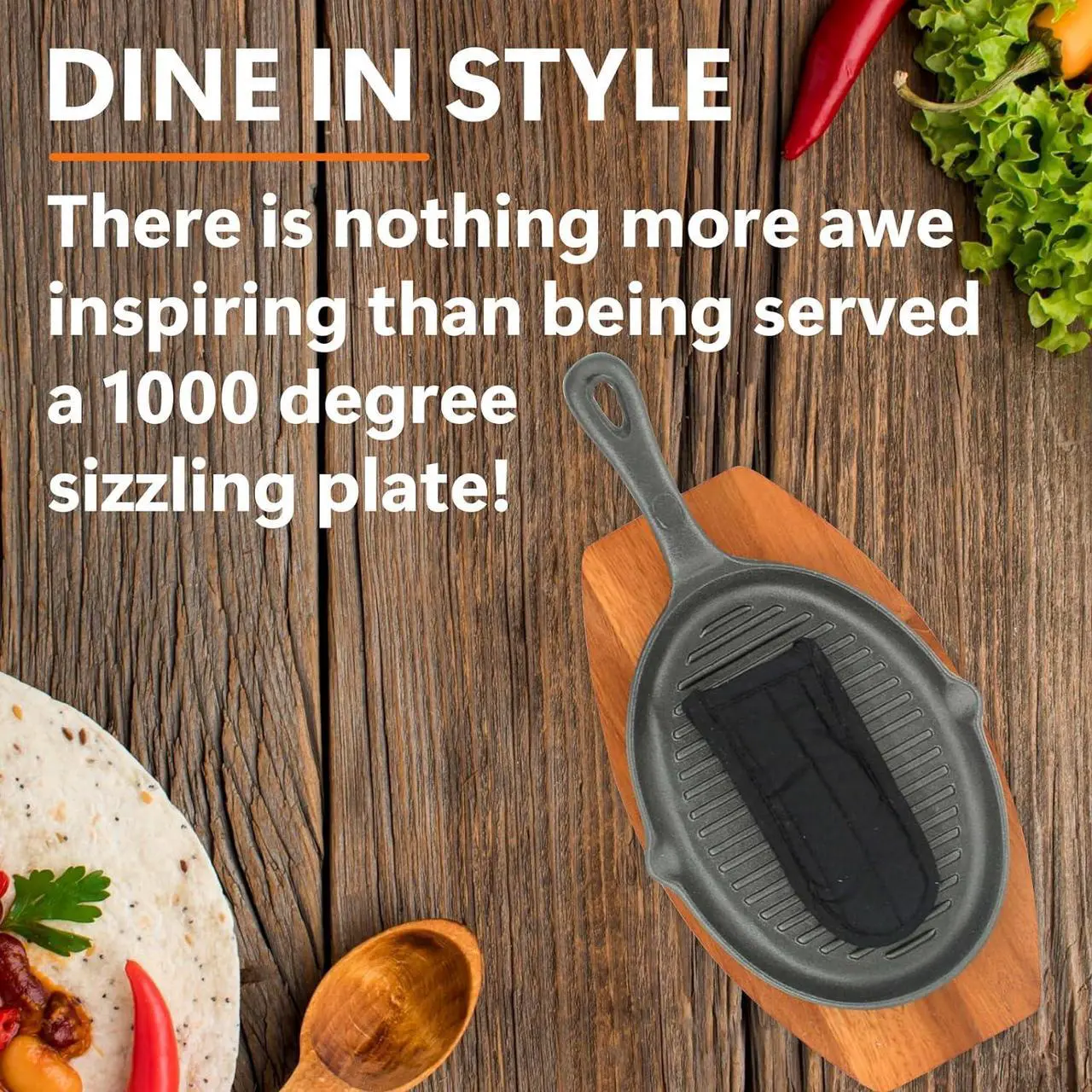 Alt view image 4 of 6 - Mr. Bar-B-Q Cast Iron Fajita Skillets Set, Pre-Seasoned Non-Stick Sizzling Plate, Wooden Base w/Cloth Handle, Sizzler Steak Plate, Cast Iron Skillets for Home, Bar & Restaurants, Catering, Parties