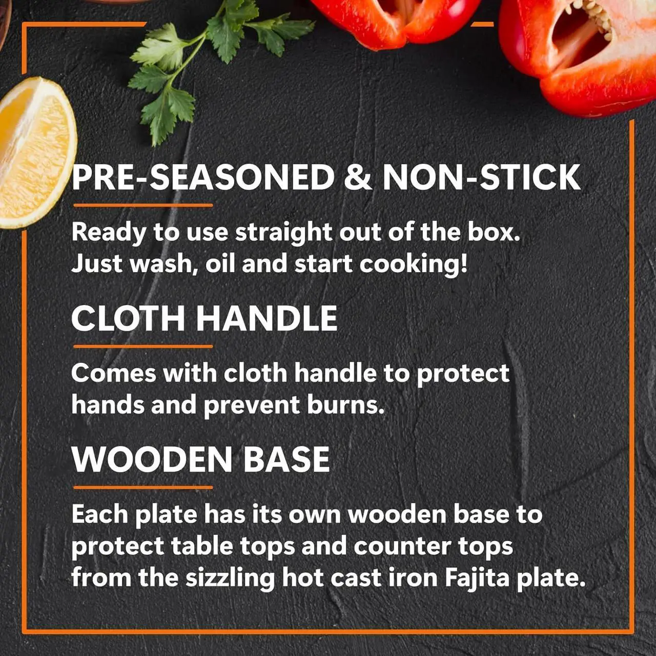 Alt view image 6 of 6 - Mr. Bar-B-Q Cast Iron Fajita Skillets Set, Pre-Seasoned Non-Stick Sizzling Plate, Wooden Base w/Cloth Handle, Sizzler Steak Plate, Cast Iron Skillets for Home, Bar & Restaurants, Catering, Parties