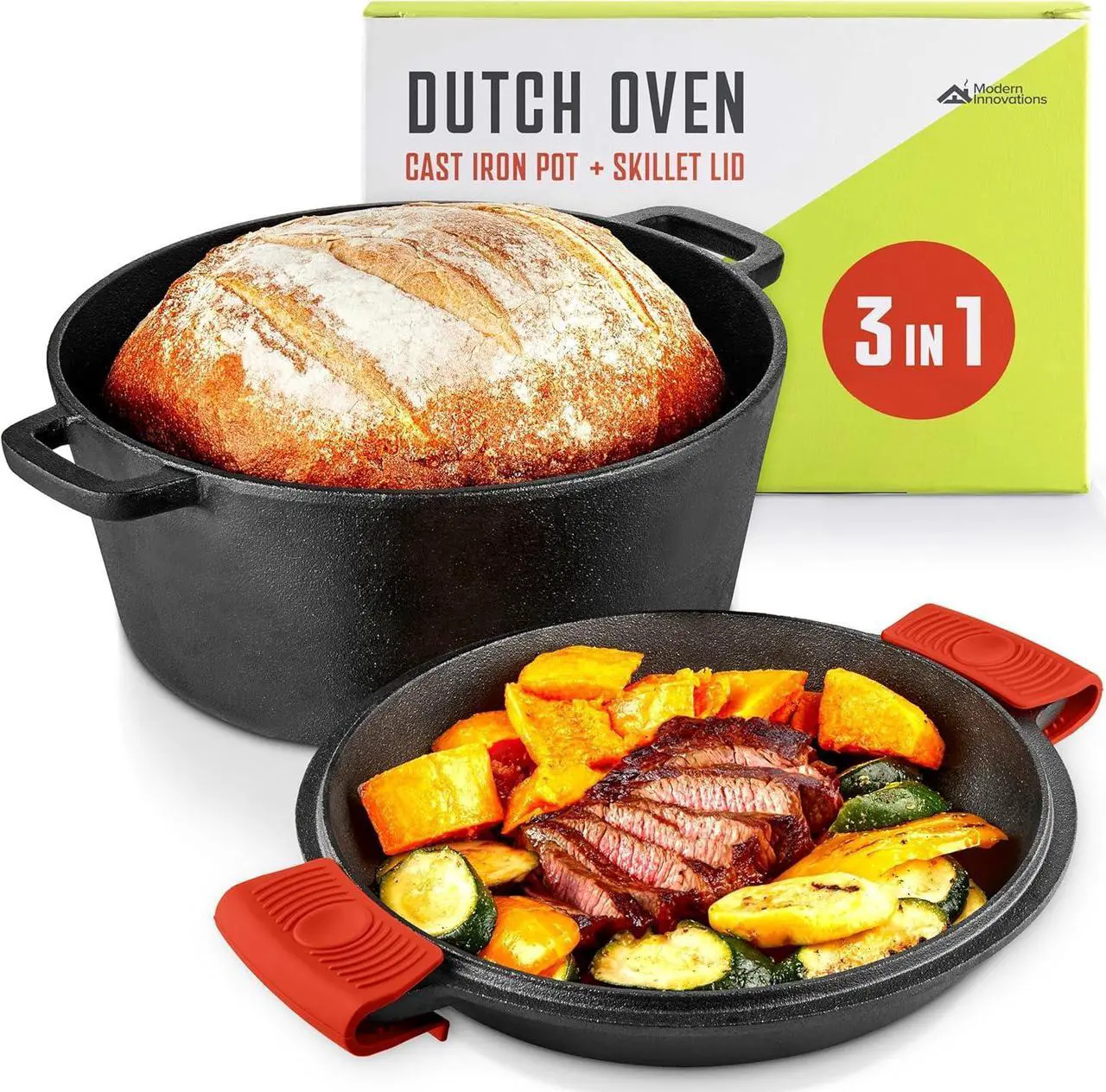 Main image of Cast Iron Dutch Oven Pot with Lid, 3-in-1, 5 Quart Cast Iron Dutch Oven with Cast Iron Skillet Lid, Cast Iron Pot with Lid, Preseasoned Cast Iron Pots and Pans Set, RV or Lodge Camping Cast Iron Set