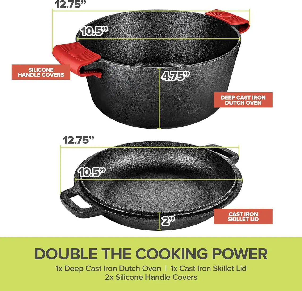 Alt view image 2 of 7 - Cast Iron Dutch Oven Pot with Lid, 3-in-1, 5 Quart Cast Iron Dutch Oven with Cast Iron Skillet Lid, Cast Iron Pot with Lid, Preseasoned Cast Iron Pots and Pans Set, RV or Lodge Camping Cast Iron Set