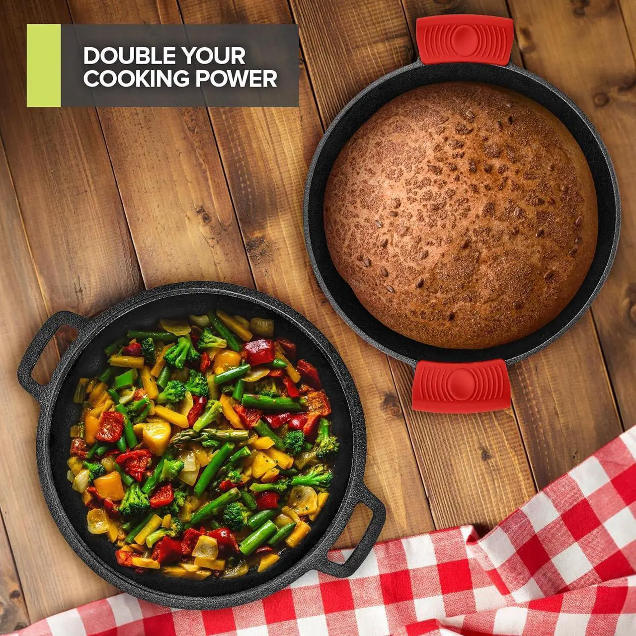 Alt view image 6 of 7 - Cast Iron Dutch Oven Pot with Lid, 3-in-1, 5 Quart Cast Iron Dutch Oven with Cast Iron Skillet Lid, Cast Iron Pot with Lid, Preseasoned Cast Iron Pots and Pans Set, RV or Lodge Camping Cast Iron Set