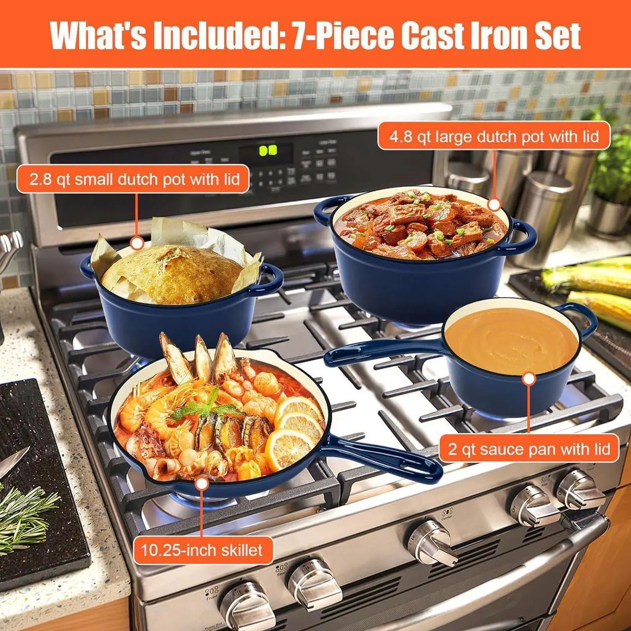 Alt view image 2 of 7 - QuliMetal Nonstick Enameled Cast Iron Cookware Set, Frying Pan Skillet- 7-Pcs Pots and Pans with Lid, Healthy Round Dutch Oven Pot for Sourdough Bread Baking, Oven Safe up to 500° F or on All Stovetop