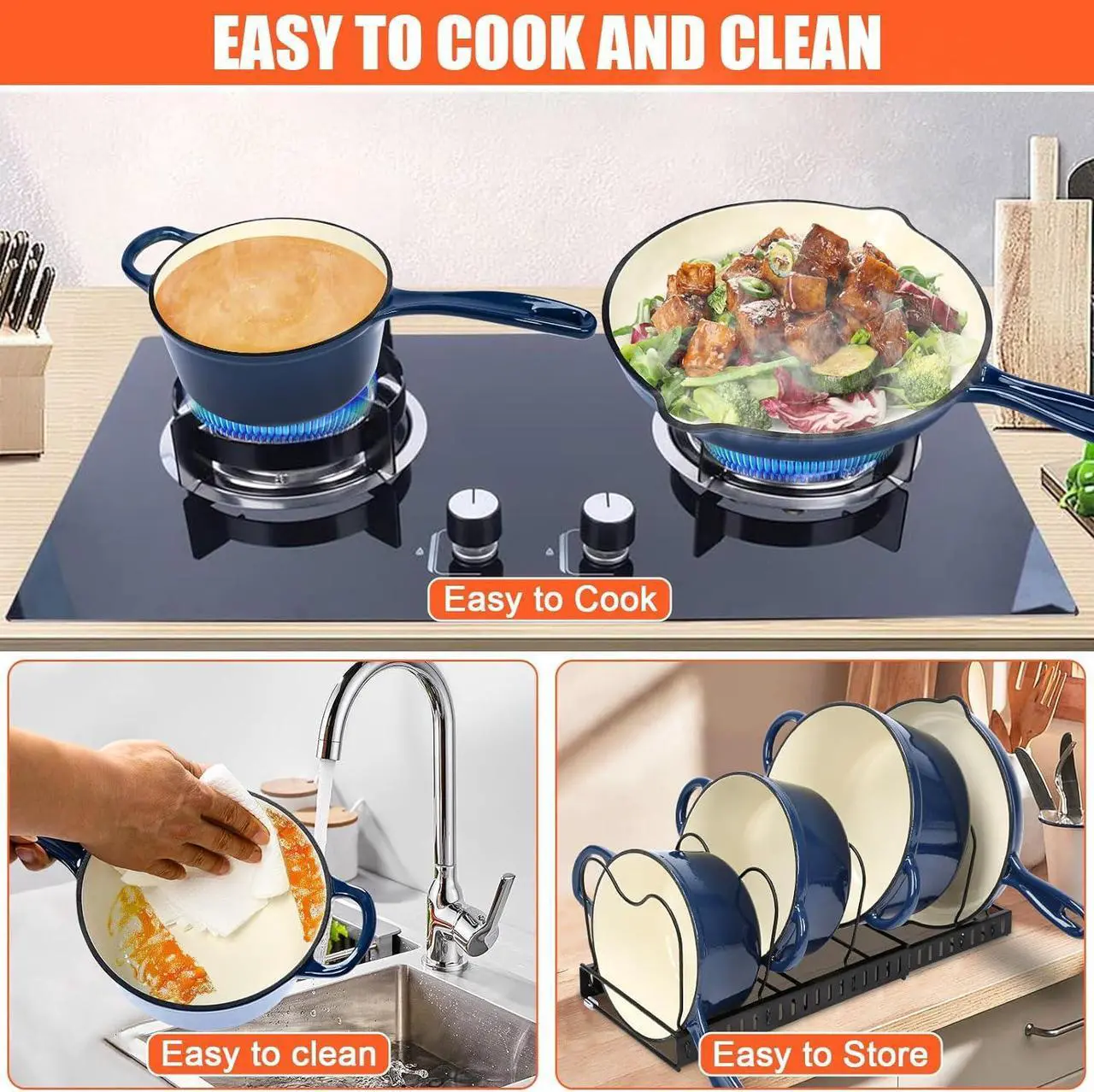Alt view image 7 of 7 - QuliMetal Nonstick Enameled Cast Iron Cookware Set, Frying Pan Skillet- 7-Pcs Pots and Pans with Lid, Healthy Round Dutch Oven Pot for Sourdough Bread Baking, Oven Safe up to 500° F or on All Stovetop