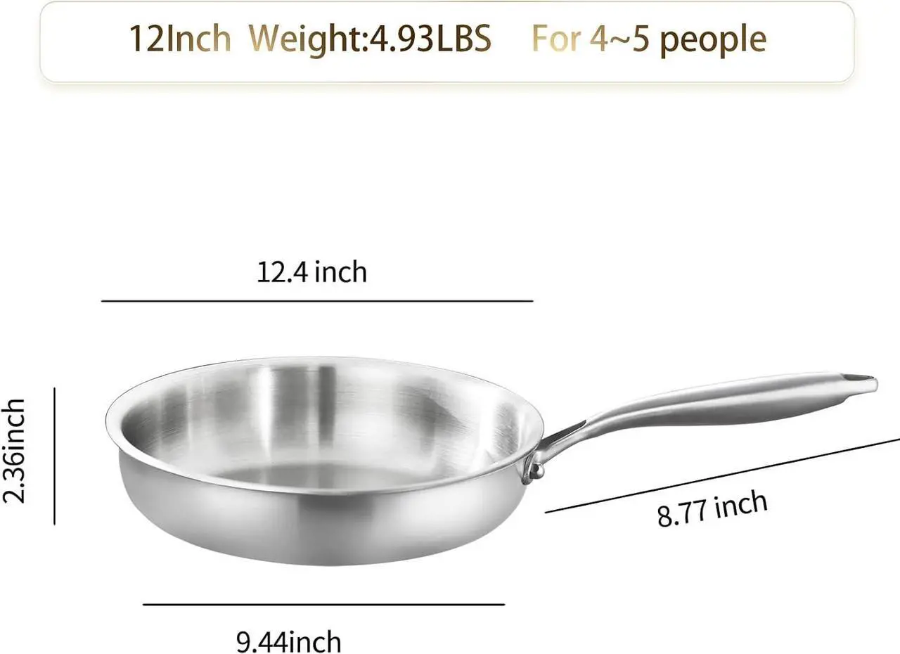 Alt view image 3 of 6 - DELARLO Tri-Ply Stainless Steel 12inch Frying Pan, All Cooktops Compatible Up to 600, Oven Safe Induction Skillet, 12.5 inch Non toxic Cooking Surface, Fast & Even Heat, Durable Cookware