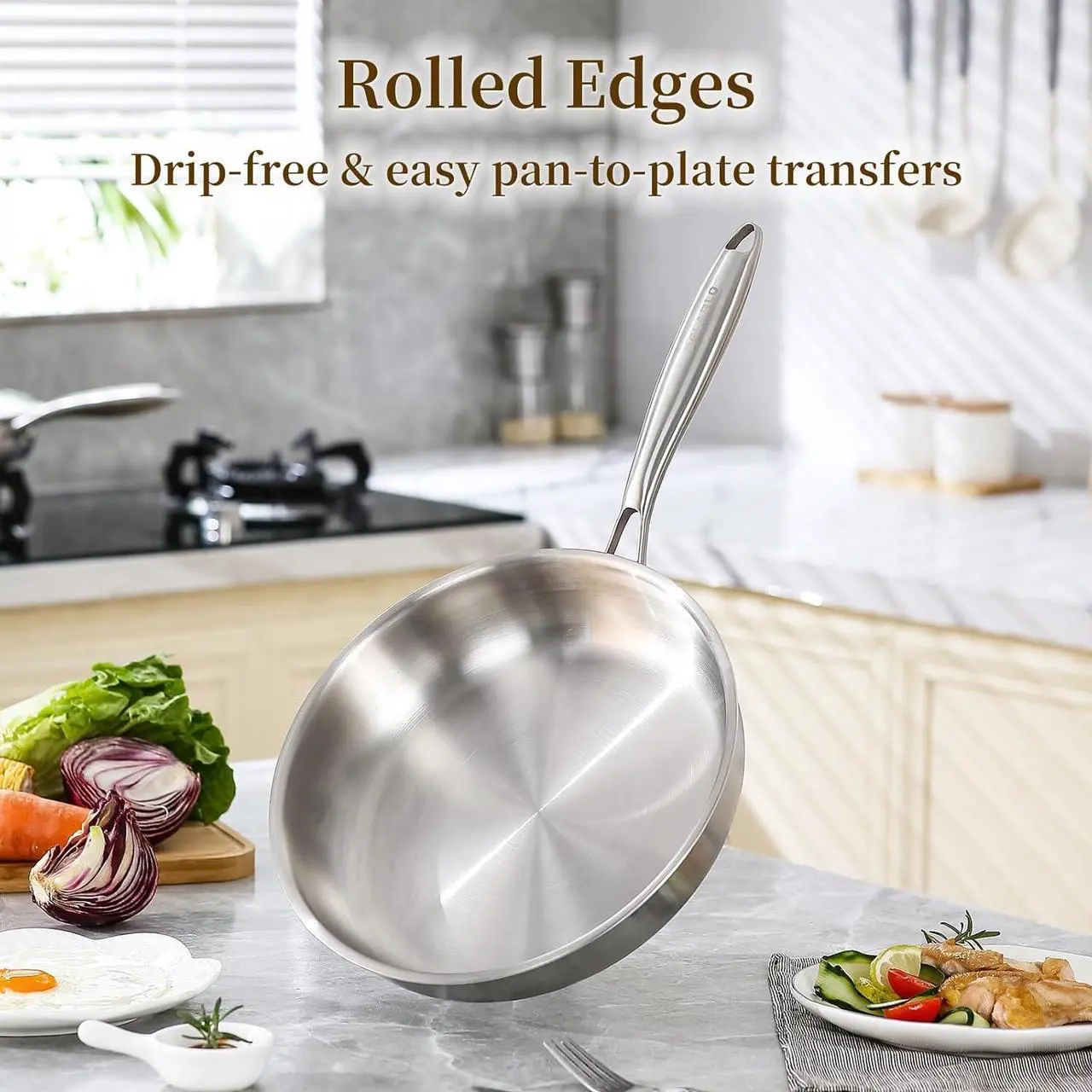 Alt view image 4 of 6 - DELARLO Tri-Ply Stainless Steel 12inch Frying Pan, All Cooktops Compatible Up to 600, Oven Safe Induction Skillet, 12.5 inch Non toxic Cooking Surface, Fast & Even Heat, Durable Cookware