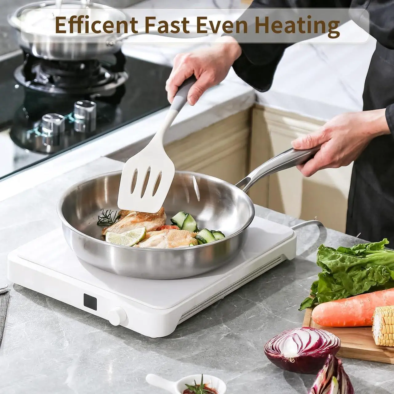Alt view image 5 of 6 - DELARLO Tri-Ply Stainless Steel 12inch Frying Pan, All Cooktops Compatible Up to 600, Oven Safe Induction Skillet, 12.5 inch Non toxic Cooking Surface, Fast & Even Heat, Durable Cookware