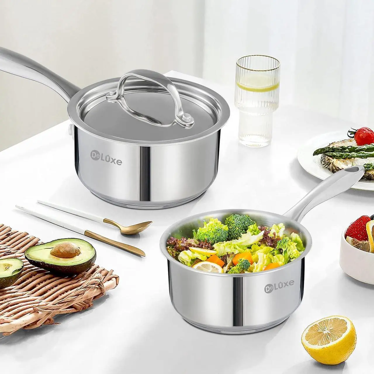 Alt view image 2 of 7 - DELUXE Sauce Pan with Lid, 1 Quart Stainless Steel Saucepan with Stay-Cool Handle, Multipurpose Cooking Pot for Sauces Pasta, Suitable Induction/Electric Gas Cooktops, Dishwasher Oven Safe