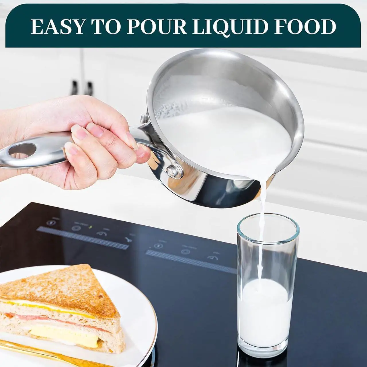 Alt view image 5 of 7 - DELUXE Sauce Pan with Lid, 1 Quart Stainless Steel Saucepan with Stay-Cool Handle, Multipurpose Cooking Pot for Sauces Pasta, Suitable Induction/Electric Gas Cooktops, Dishwasher Oven Safe