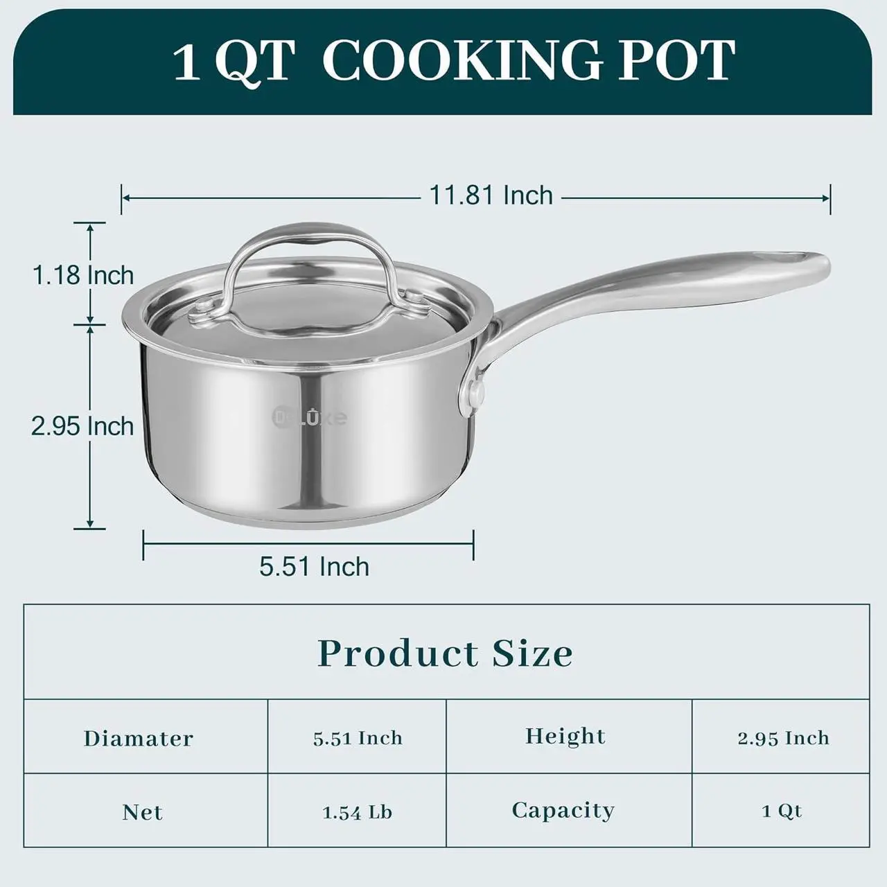 Alt view image 4 of 7 - DELUXE Sauce Pan with Lid, 1 Quart Stainless Steel Saucepan with Stay-Cool Handle, Multipurpose Cooking Pot for Sauces Pasta, Suitable Induction/Electric Gas Cooktops, Dishwasher Oven Safe