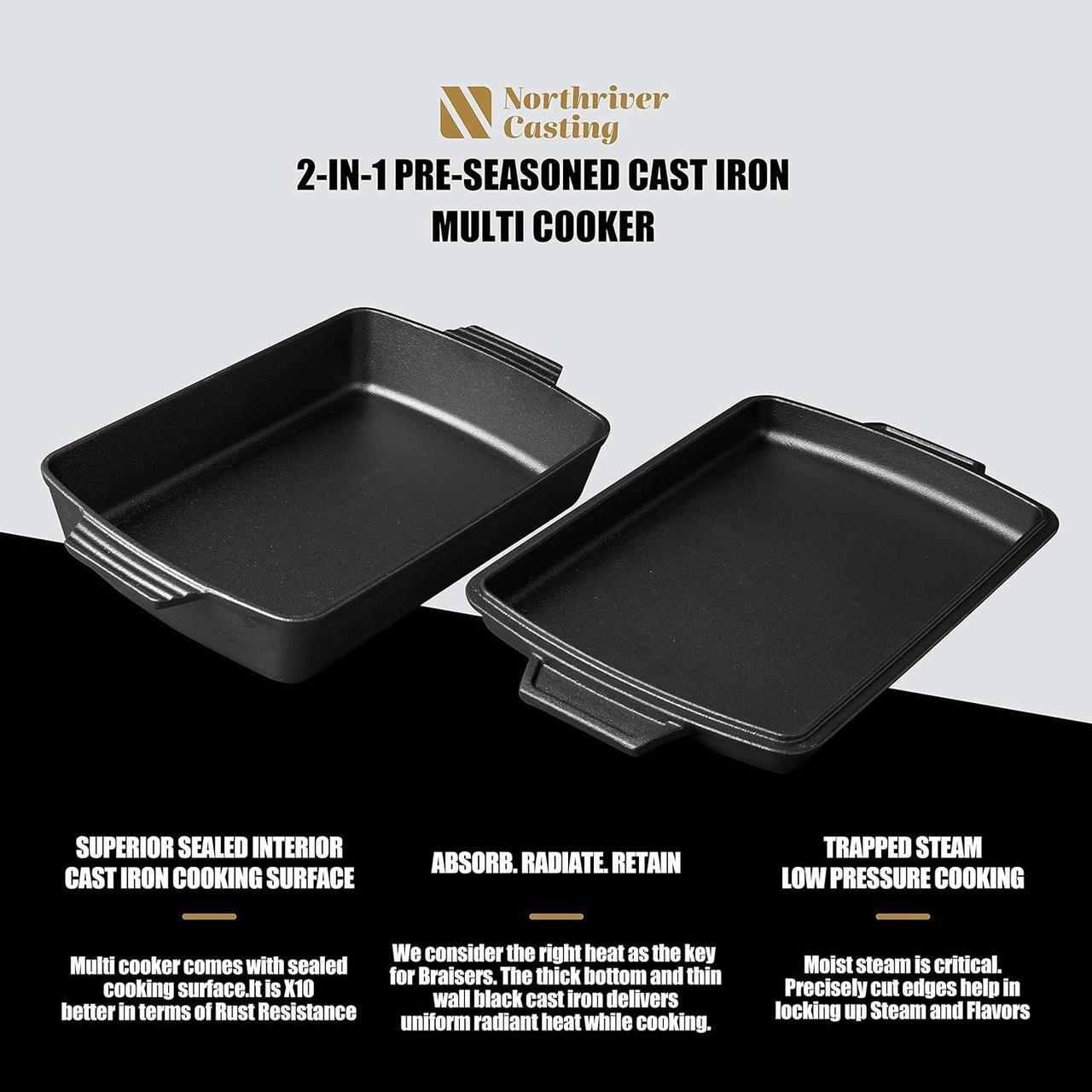 Alt view image 3 of 6 - 2-In-1 Pre Seasoned Cast Iron Dutch Oven With Skillet Lid,Casserole Dish,Rectangular Baking Pan,Griddle Pot Set, 6QT, 9"x13"