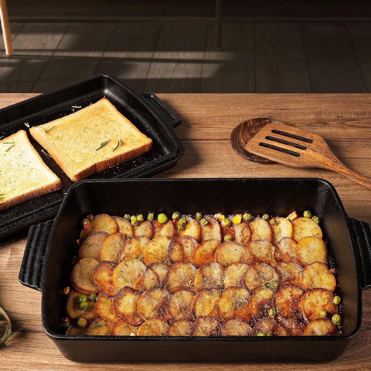 Alt view image 2 of 6 - 2-In-1 Pre Seasoned Cast Iron Dutch Oven With Skillet Lid,Casserole Dish,Rectangular Baking Pan,Griddle Pot Set, 6QT, 9"x13"