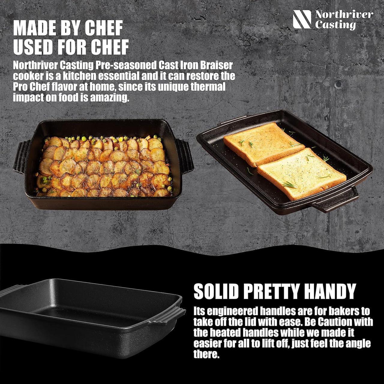 Alt view image 4 of 6 - 2-In-1 Pre Seasoned Cast Iron Dutch Oven With Skillet Lid,Casserole Dish,Rectangular Baking Pan,Griddle Pot Set, 6QT, 9"x13"