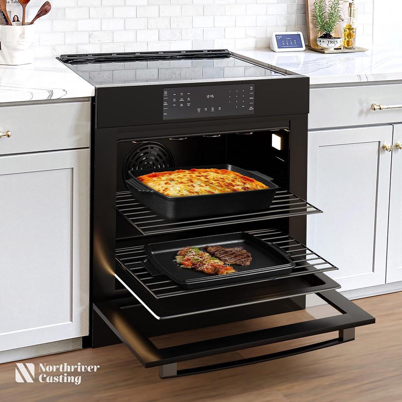Alt view image 6 of 6 - 2-In-1 Pre Seasoned Cast Iron Dutch Oven With Skillet Lid,Casserole Dish,Rectangular Baking Pan,Griddle Pot Set, 6QT, 9"x13"