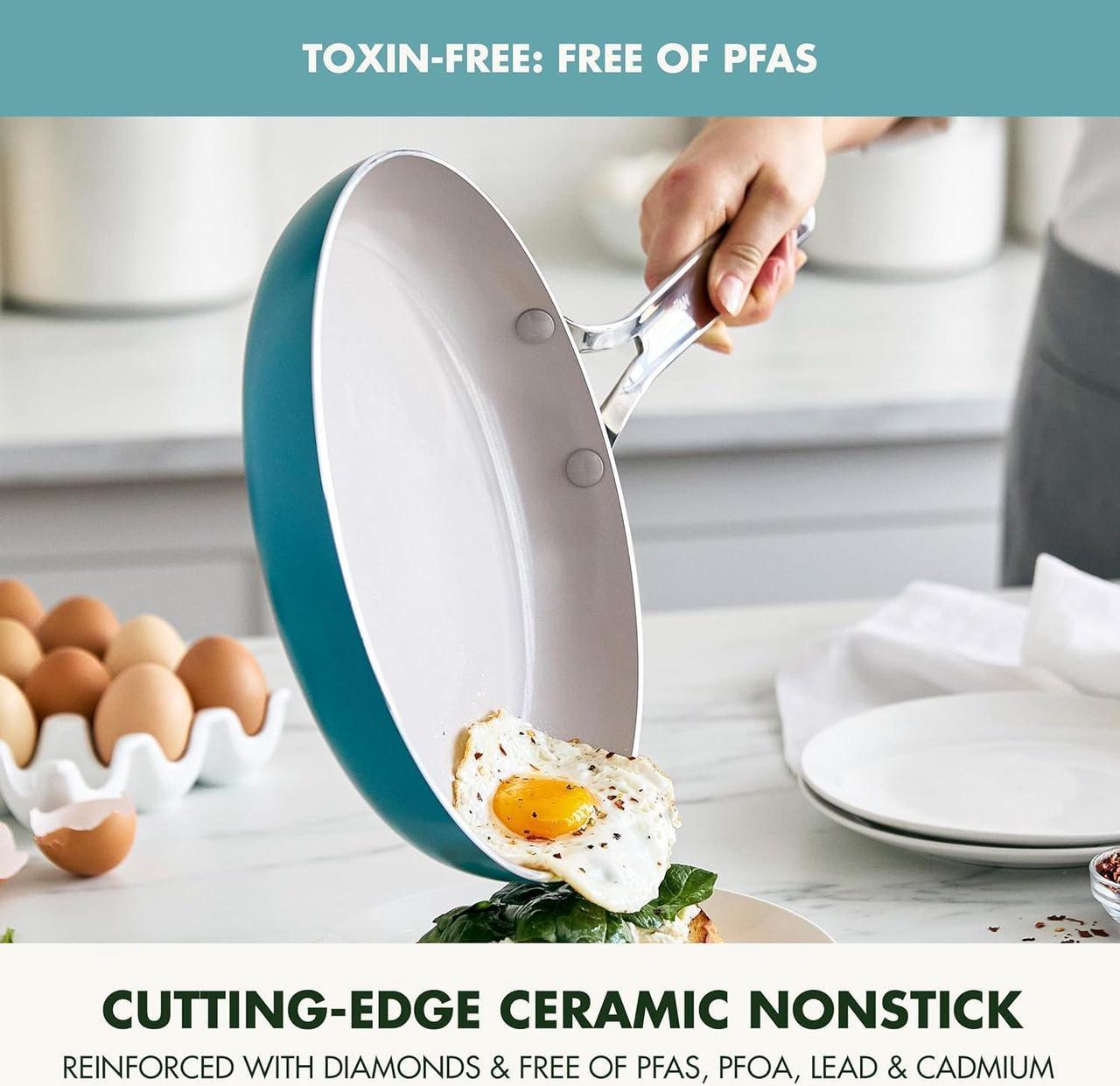 Alt view image 3 of 7 - GreenPan Nova 10 Frying Pan Skillet and 4.37QT Sauté Pan with Lid, Oprahs Favorite Things 2024, PFAS-Free Ceramic Nonstick, Induction Suitable, Sear, Fry, Broil, Dishwasher & Oven Safe, Deep Teal