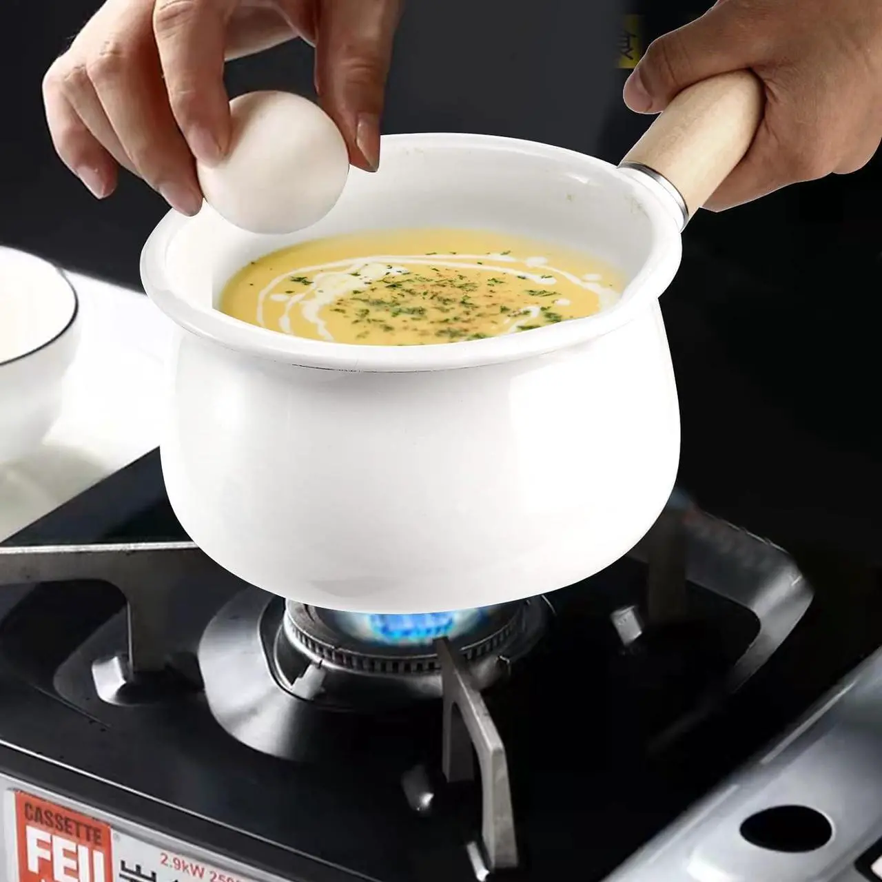 Alt view image 2 of 7 - Jucoan 1 Quart Enamel Milk Pan with Dual Pour Spout, Small Enamel on Steel Saucepan Milk Pot Butter Warmer with Wooden Handle, Stove Top Soup Pot Simmer Pot for Home Kitchen Cooking Heating Boiling
