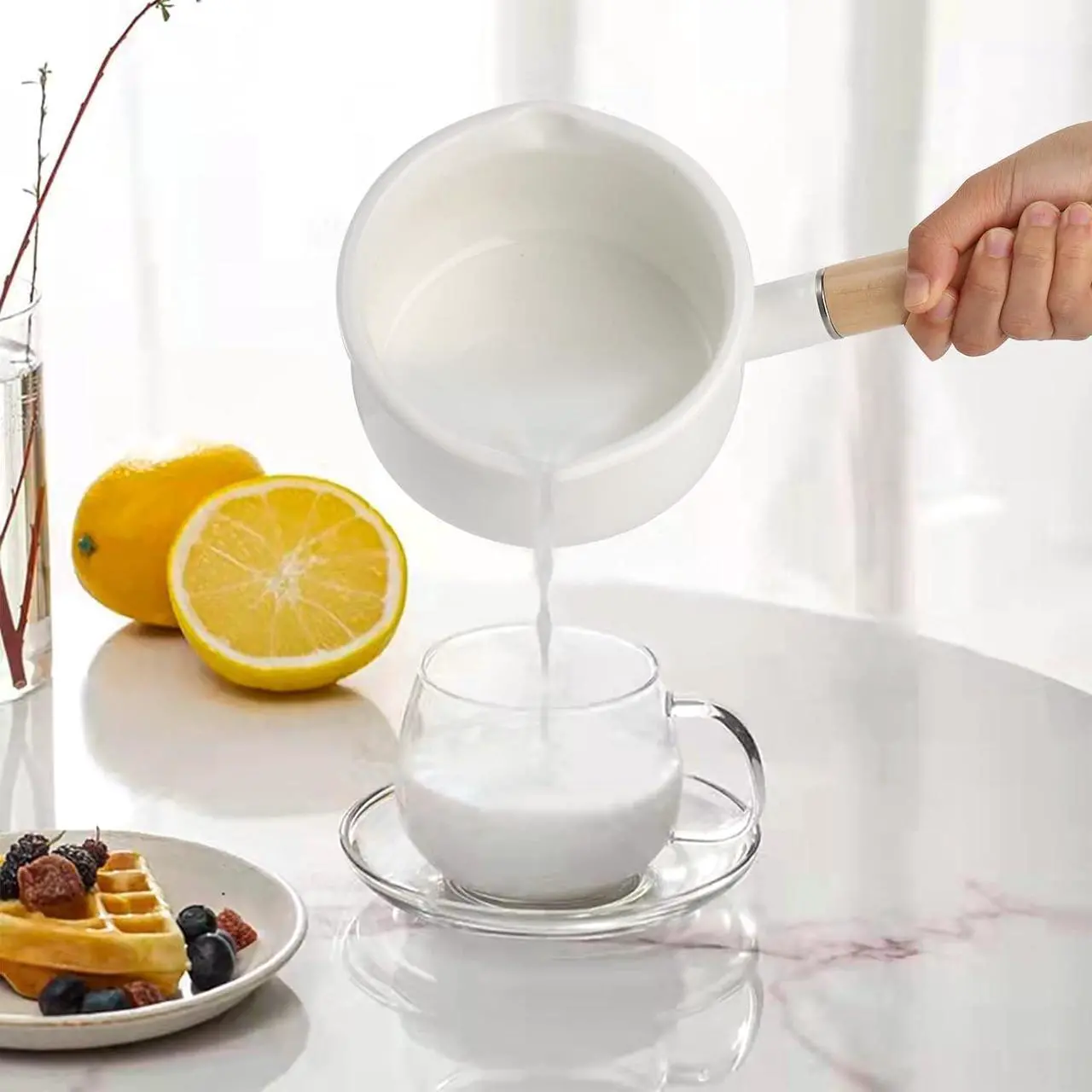 Alt view image 3 of 7 - Jucoan 1 Quart Enamel Milk Pan with Dual Pour Spout, Small Enamel on Steel Saucepan Milk Pot Butter Warmer with Wooden Handle, Stove Top Soup Pot Simmer Pot for Home Kitchen Cooking Heating Boiling