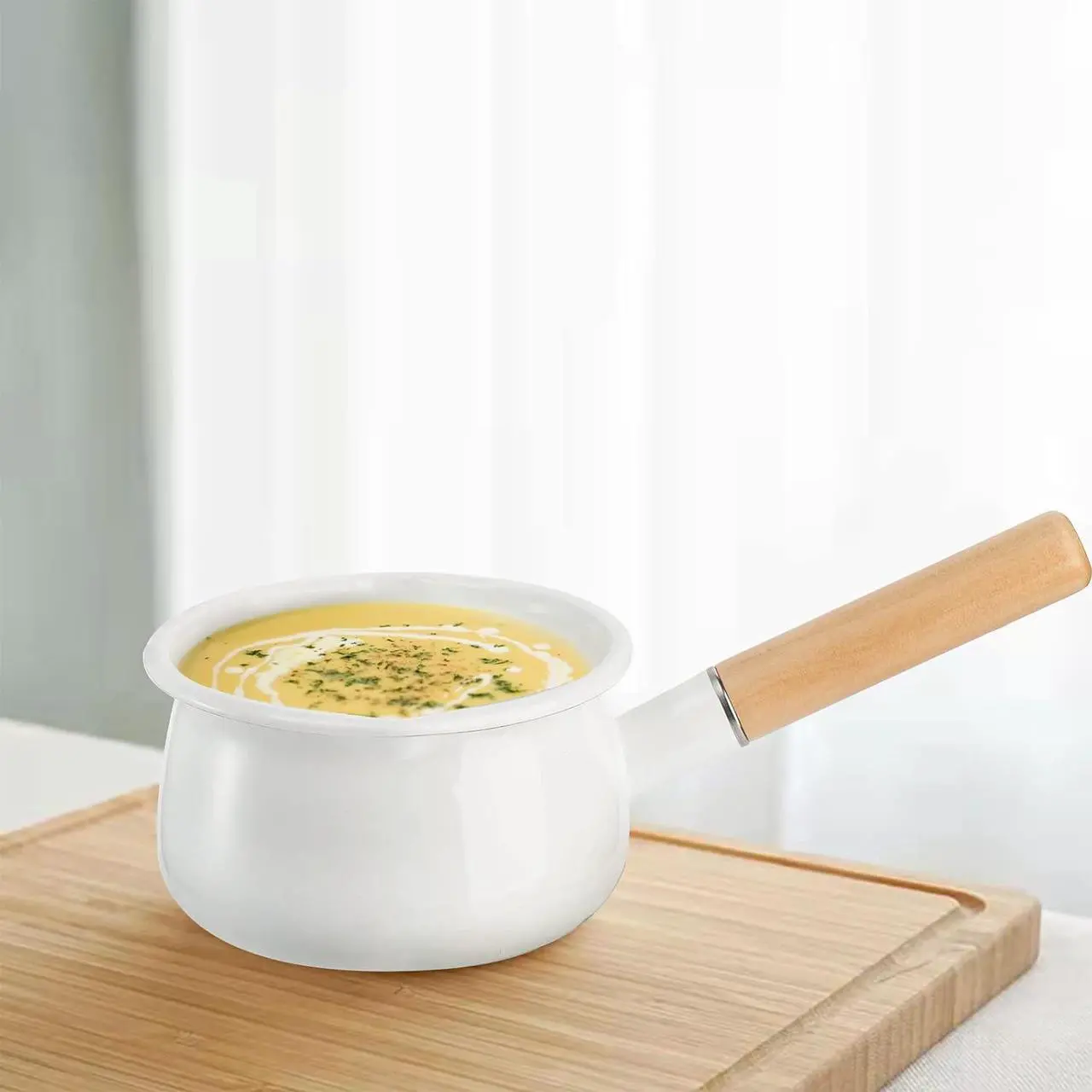 Alt view image 4 of 7 - Jucoan 1 Quart Enamel Milk Pan with Dual Pour Spout, Small Enamel on Steel Saucepan Milk Pot Butter Warmer with Wooden Handle, Stove Top Soup Pot Simmer Pot for Home Kitchen Cooking Heating Boiling