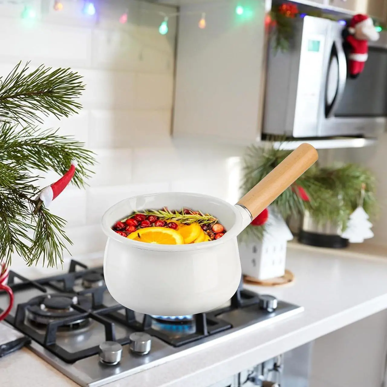 Alt view image 5 of 7 - Jucoan 1 Quart Enamel Milk Pan with Dual Pour Spout, Small Enamel on Steel Saucepan Milk Pot Butter Warmer with Wooden Handle, Stove Top Soup Pot Simmer Pot for Home Kitchen Cooking Heating Boiling