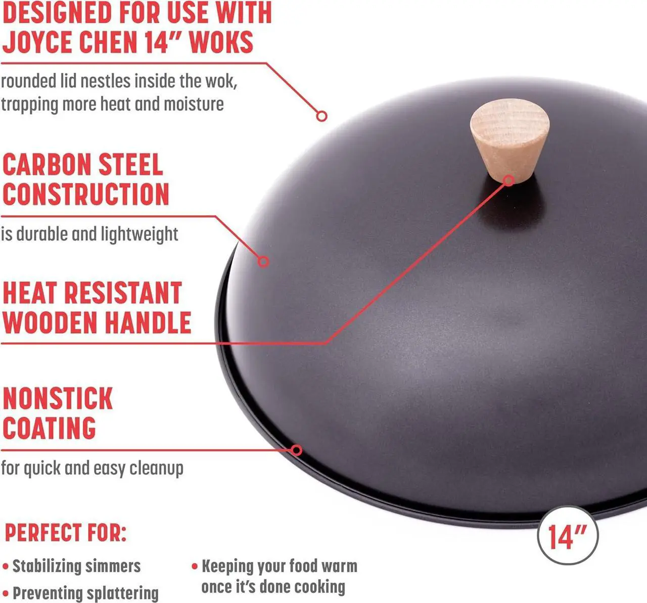 Alt view image 3 of 6 - Joyce Chen 31-0066, 13.5-Inch Nonstick Steel Dome Lid for 14-Inch Wok Black