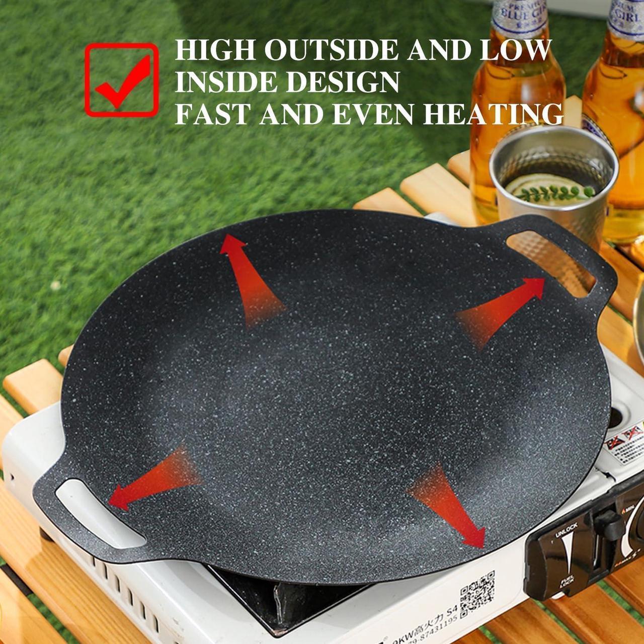 Alt view image 4 of 7 - Korean Grill Pan with 7 Layer Natural Coating, Dontaku 32CM BBQ Griddle with Handle, Non-stick Grill Circular Frying Pan for Meats, Pancakes, Ribs, Home Outdoor Stove, Induction, Electric Cooktop