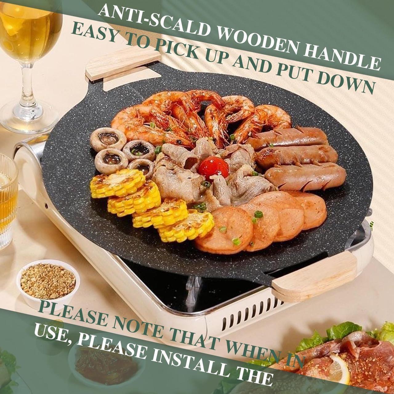 Alt view image 5 of 7 - Korean Grill Pan with 7 Layer Natural Coating, Dontaku 32CM BBQ Griddle with Handle, Non-stick Grill Circular Frying Pan for Meats, Pancakes, Ribs, Home Outdoor Stove, Induction, Electric Cooktop