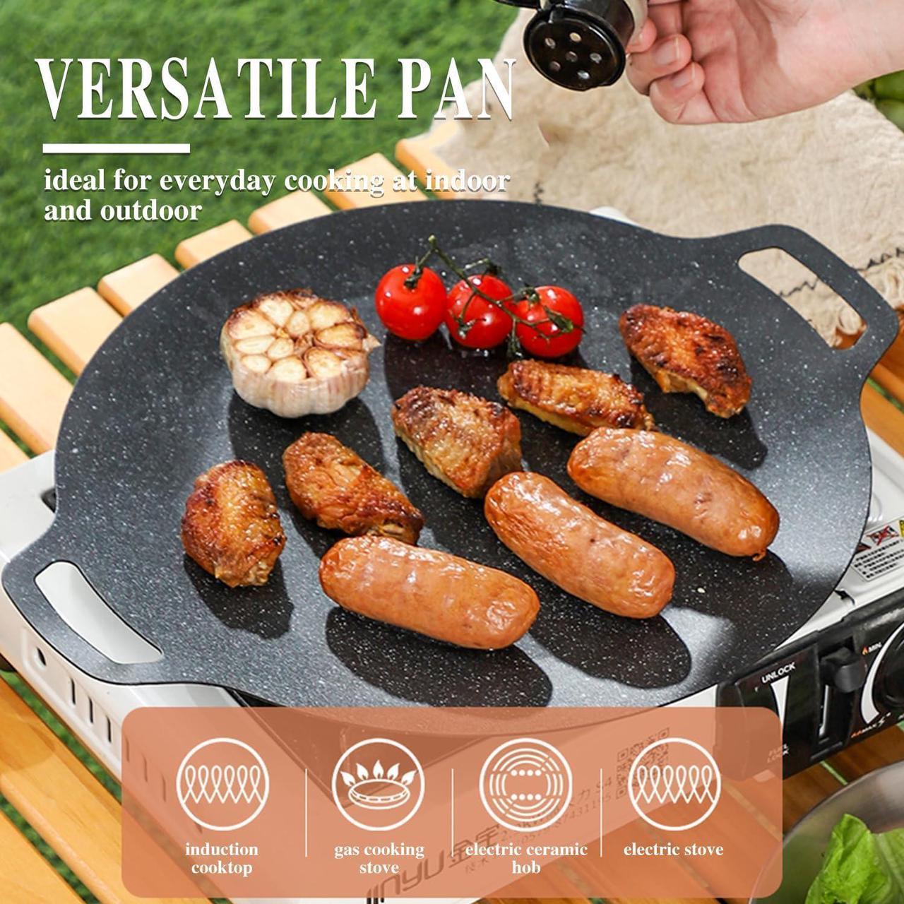 Alt view image 6 of 7 - Korean Grill Pan with 7 Layer Natural Coating, Dontaku 32CM BBQ Griddle with Handle, Non-stick Grill Circular Frying Pan for Meats, Pancakes, Ribs, Home Outdoor Stove, Induction, Electric Cooktop