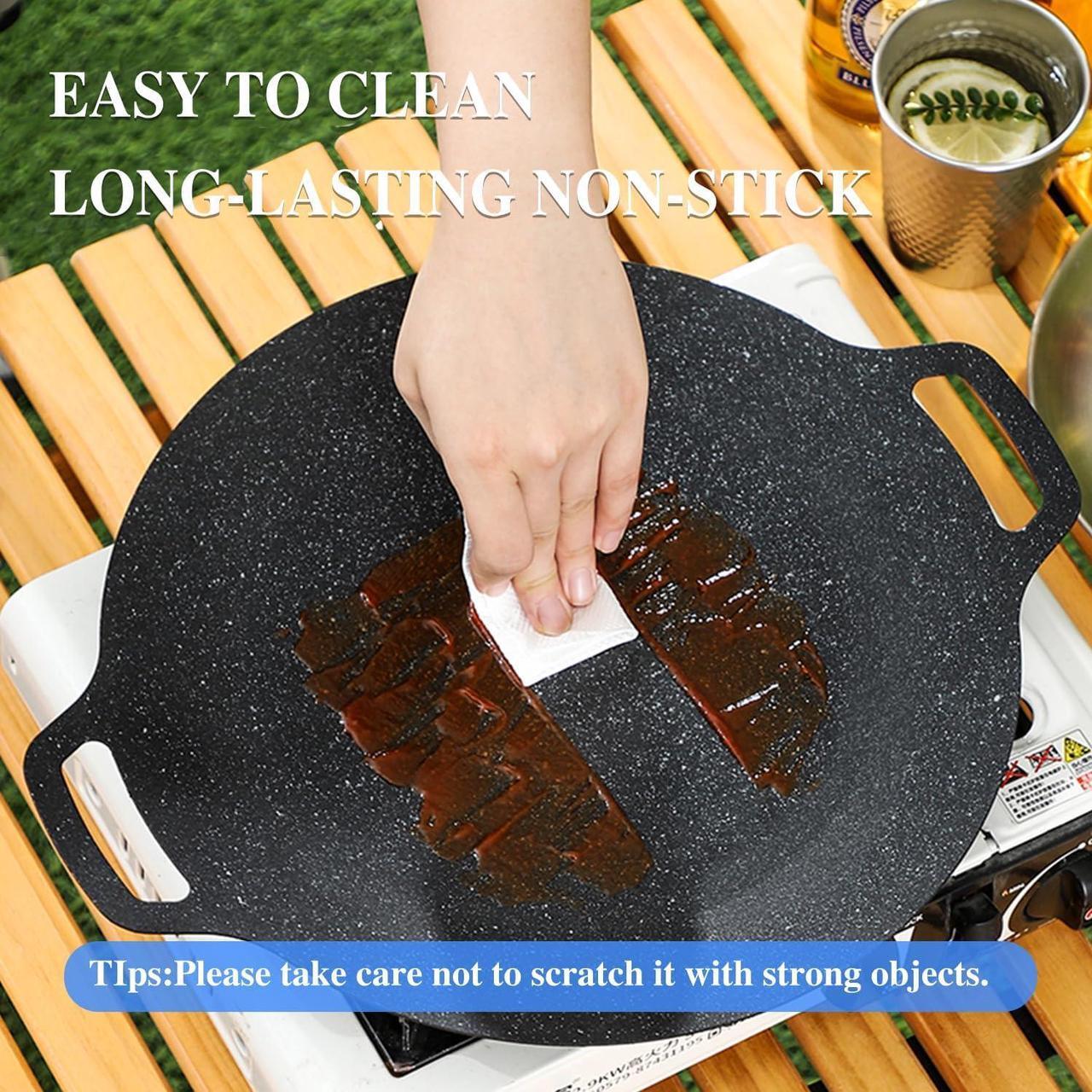 Alt view image 7 of 7 - Korean Grill Pan with 7 Layer Natural Coating, Dontaku 32CM BBQ Griddle with Handle, Non-stick Grill Circular Frying Pan for Meats, Pancakes, Ribs, Home Outdoor Stove, Induction, Electric Cooktop