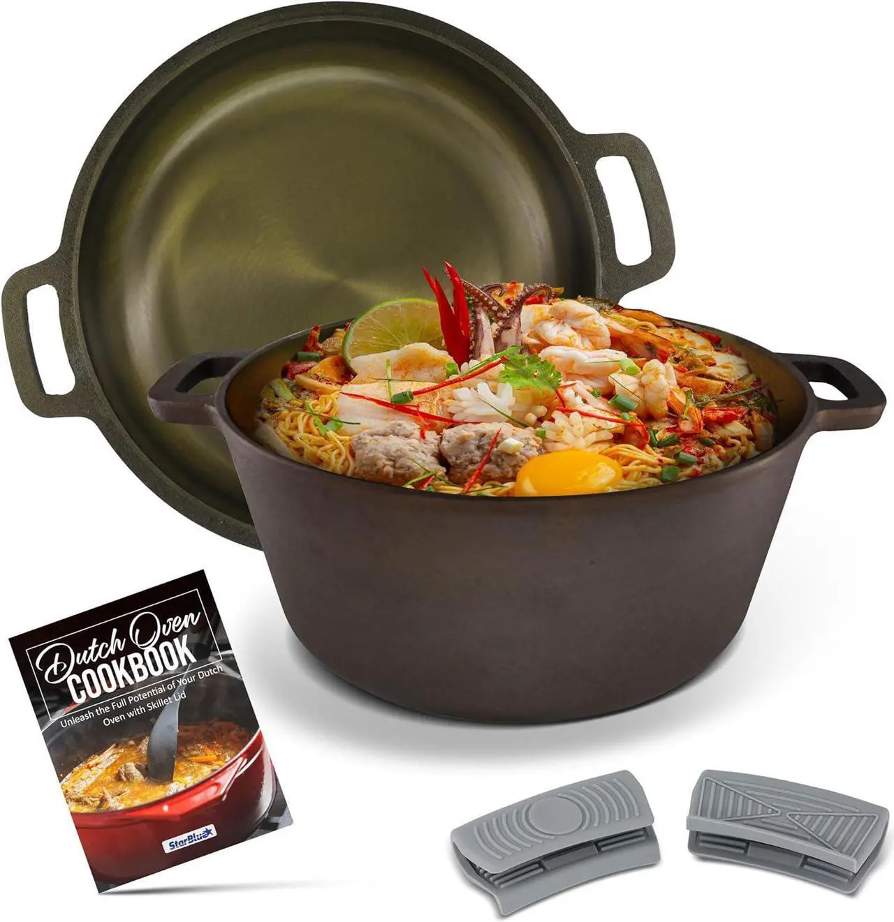 Main image of Smooth and Polished Cast Iron Dutch Oven by StarBlue  5 qt Cast Iron with 10 Inches Diameter, 2 in 1 Multipurpose Skillet and Pot for Non-Stick Cooking