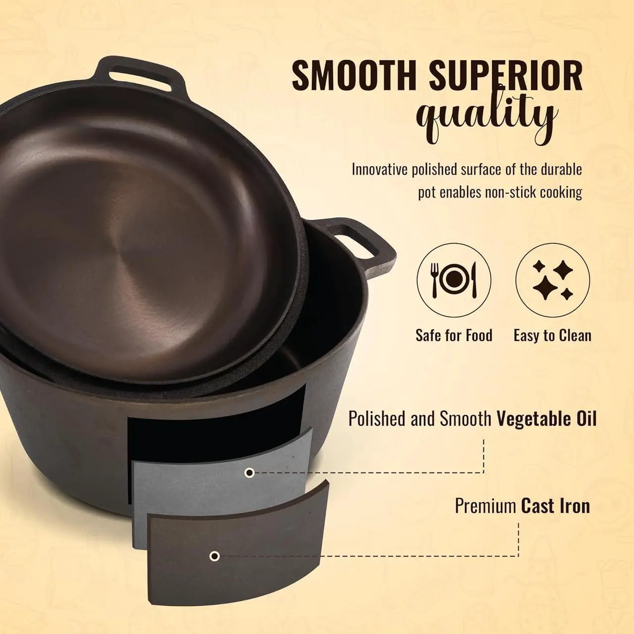 Alt view image 2 of 6 - Smooth and Polished Cast Iron Dutch Oven by StarBlue  5 qt Cast Iron with 10 Inches Diameter, 2 in 1 Multipurpose Skillet and Pot for Non-Stick Cooking