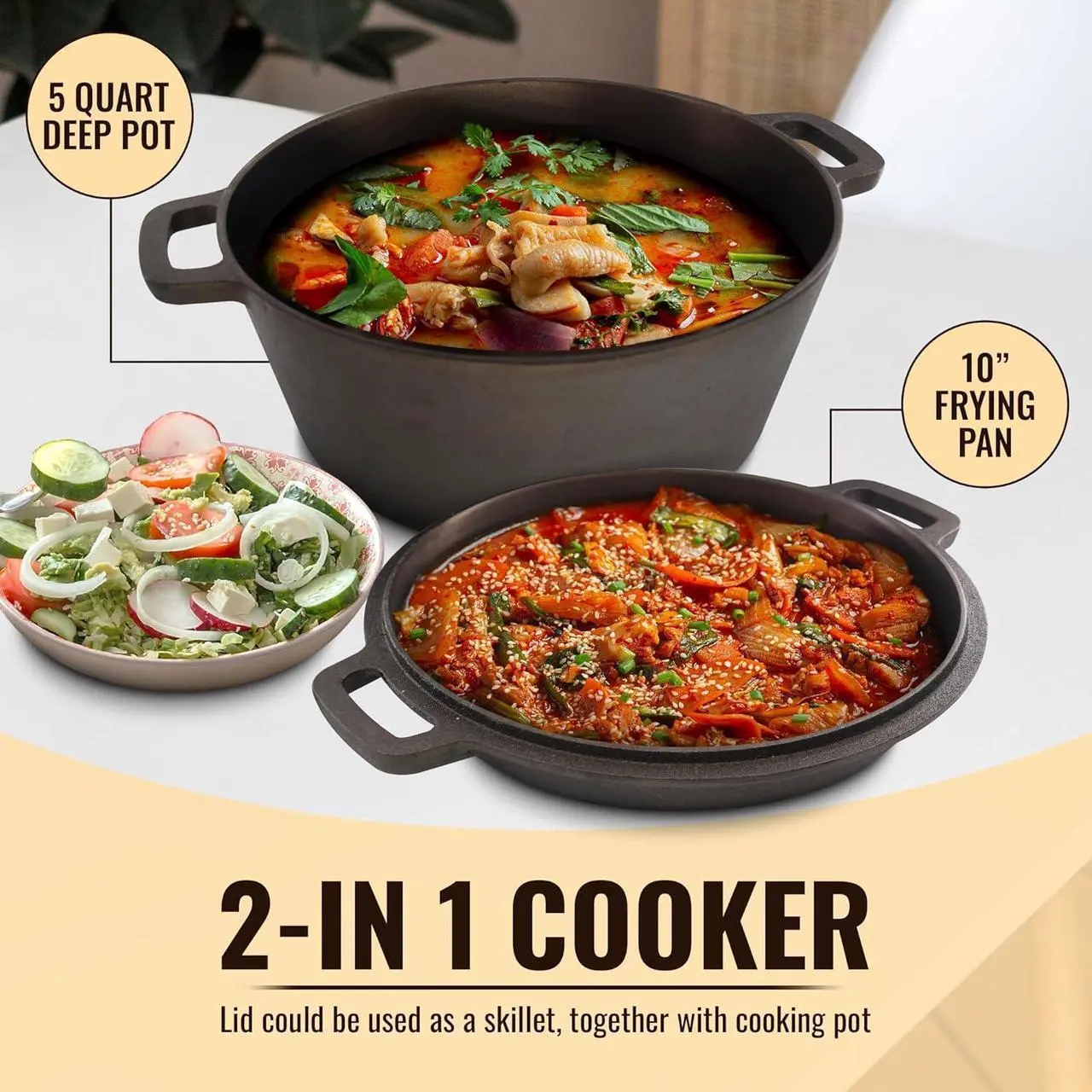 Alt view image 3 of 6 - Smooth and Polished Cast Iron Dutch Oven by StarBlue  5 qt Cast Iron with 10 Inches Diameter, 2 in 1 Multipurpose Skillet and Pot for Non-Stick Cooking