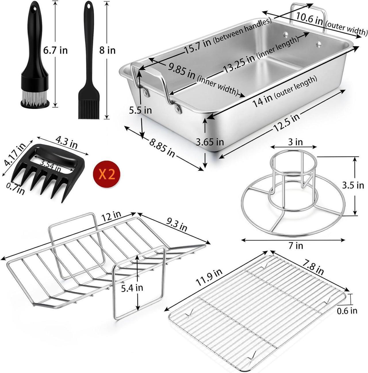 Alt view image 2 of 7 - P&P CHEF Roasting Pan Set (8 PCS), 14 Inch Stainless Steel Turkey Roaster Pan, Flat & V-shaped Roasting Racks & Beer Can Chicken Holder, Meat Claws & Tenderizer, Brush, Healthy & Heavy Duty