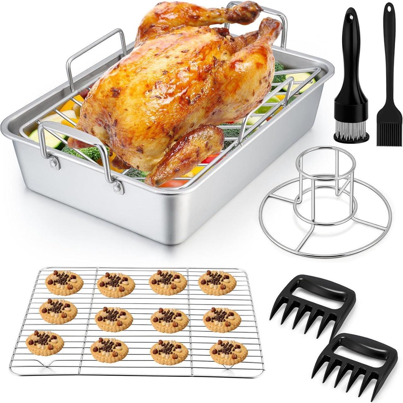 Main image of P&P CHEF Roasting Pan Set (8 PCS), 14 Inch Stainless Steel Turkey Roaster Pan, Flat & V-shaped Roasting Racks & Beer Can Chicken Holder, Meat Claws & Tenderizer, Brush, Healthy & Heavy Duty