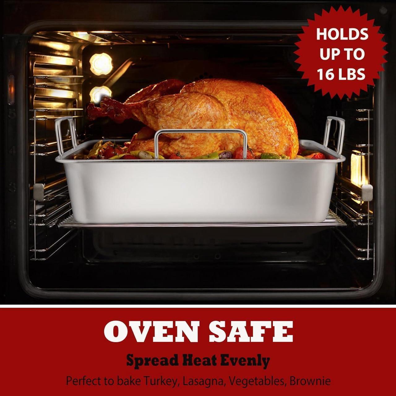Alt view image 3 of 7 - P&P CHEF Roasting Pan Set (8 PCS), 14 Inch Stainless Steel Turkey Roaster Pan, Flat & V-shaped Roasting Racks & Beer Can Chicken Holder, Meat Claws & Tenderizer, Brush, Healthy & Heavy Duty