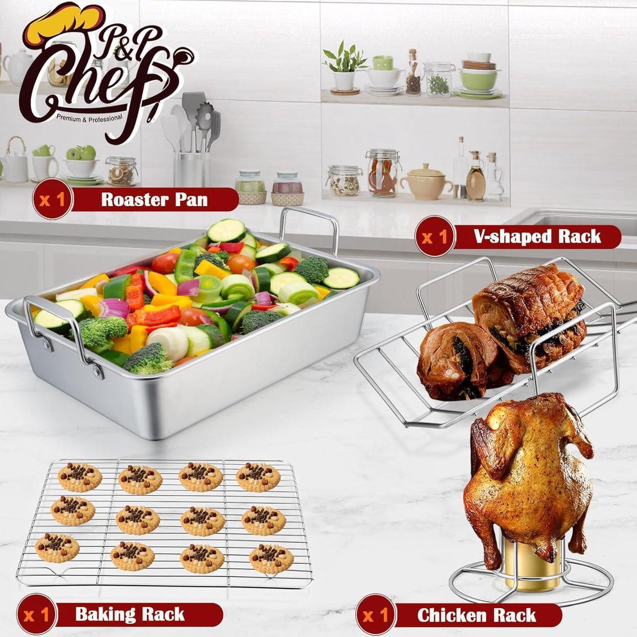 Alt view image 4 of 7 - P&P CHEF Roasting Pan Set (8 PCS), 14 Inch Stainless Steel Turkey Roaster Pan, Flat & V-shaped Roasting Racks & Beer Can Chicken Holder, Meat Claws & Tenderizer, Brush, Healthy & Heavy Duty