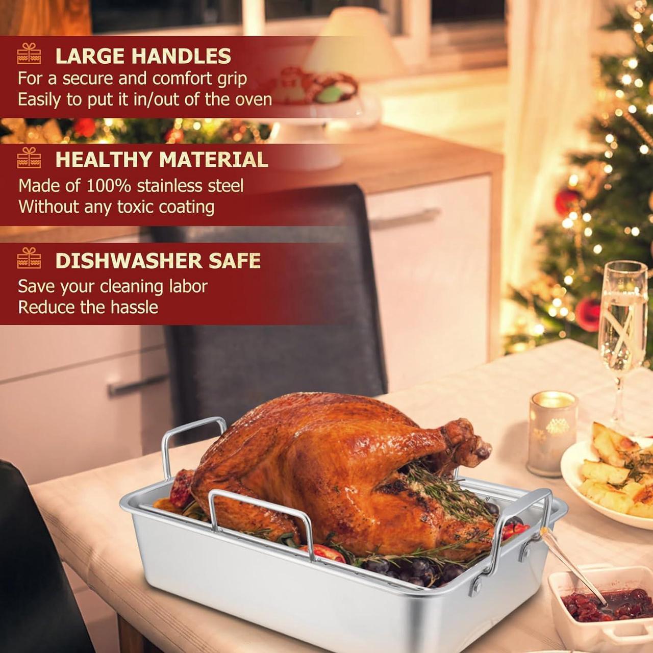 Alt view image 7 of 7 - P&P CHEF Roasting Pan Set (8 PCS), 14 Inch Stainless Steel Turkey Roaster Pan, Flat & V-shaped Roasting Racks & Beer Can Chicken Holder, Meat Claws & Tenderizer, Brush, Healthy & Heavy Duty